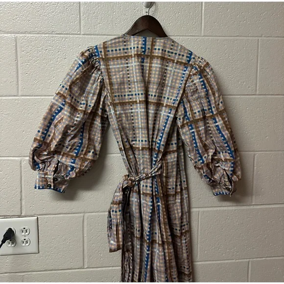 GANNI Checked Cotton-poplin Wrap Midi Dress Size 38 Medium 6 - Picture 8 of 13